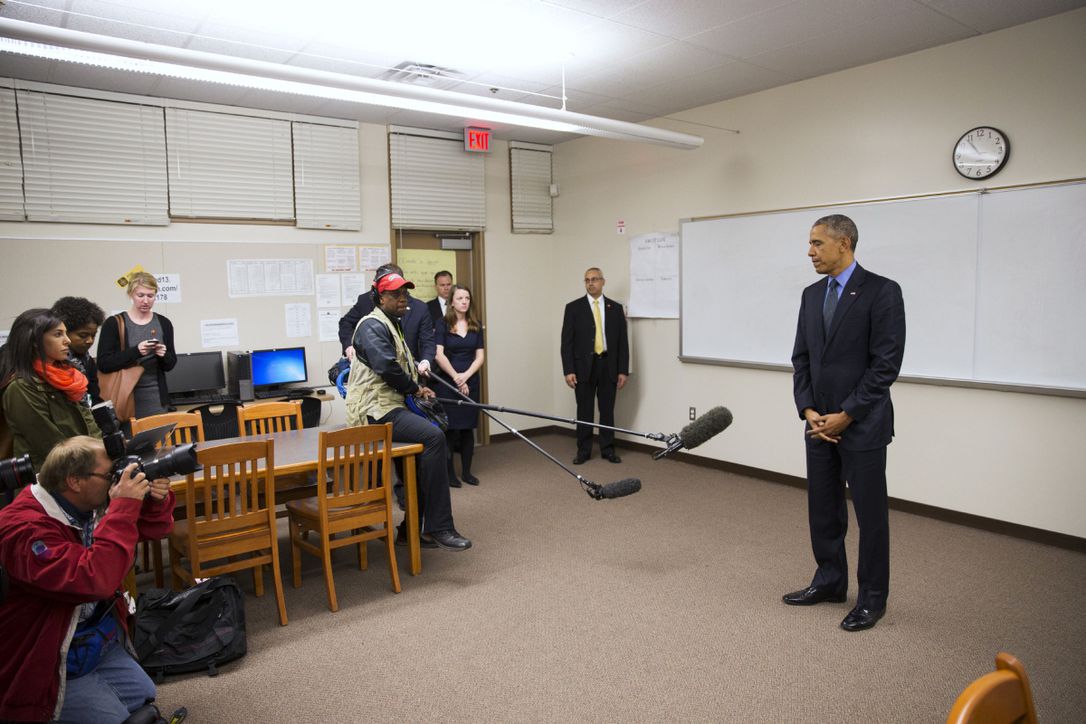 President Barack Obama talks to the media inside the library of Indian Springs High School in San Bernardino