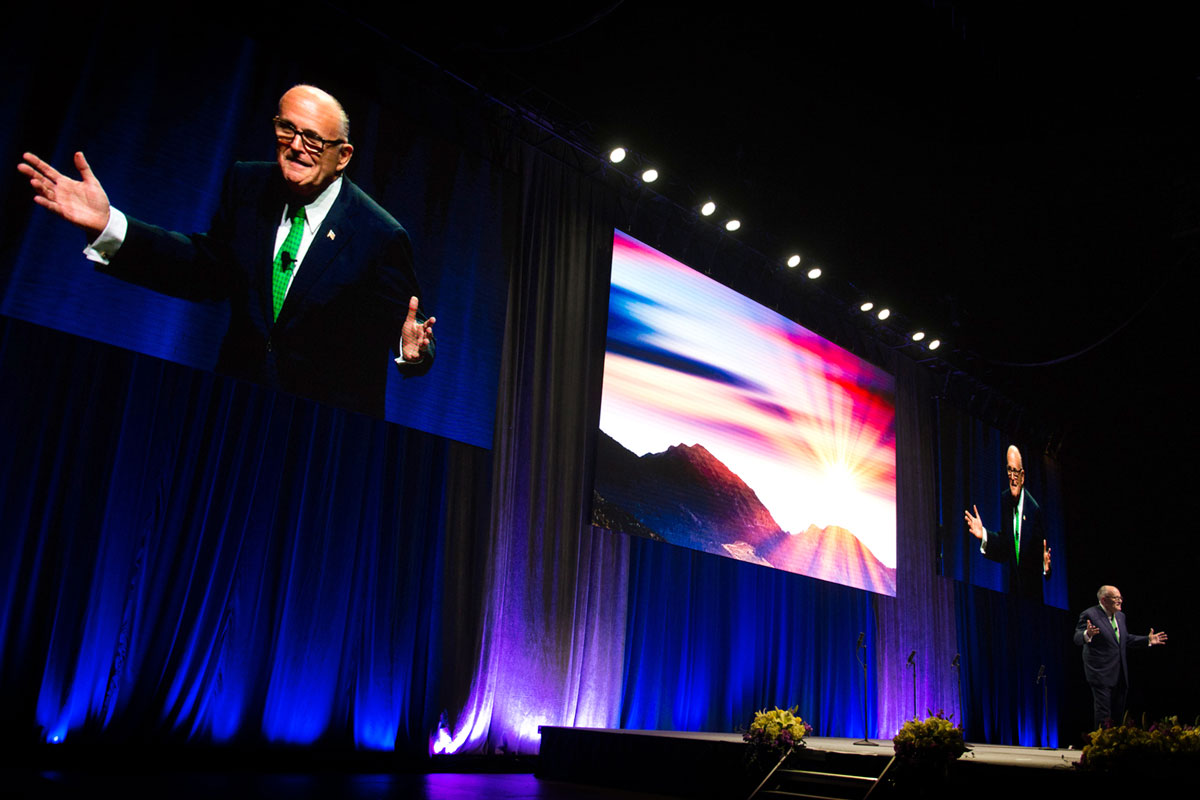 Former NYC Mayor Rudy Giuliani speaks onstage at Toyota Arena