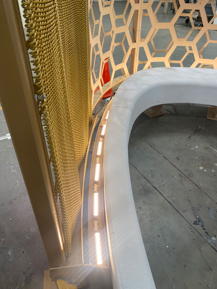 The curve of a mock-up of a Memorial bench under construction